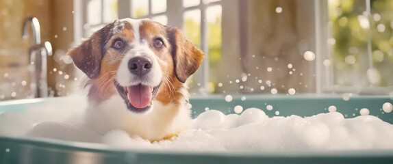 A joyful dog splashing around in a soapy bath indoors. An exuberant pup is caught mid-shake, water droplets flying, in a soap-filled bathtub. Adopt a shelter Pet Day. Panorama with copy space.