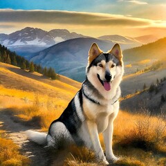Dog in Mountain Sunset Landscape