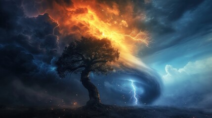 Psychedelic tornado, accompanied by lightning in the sky, against a backdrop of a solitary tree.