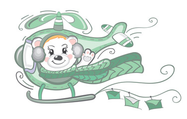Cute bear on a helicopter cartoon hand drawn vector illustration. Can be used for t-shirt print, kids wear fashion design, baby shower invitation card.