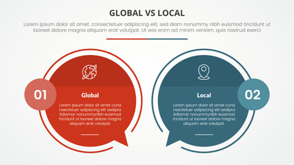 global vs local versus comparison opposite infographic concept for slide presentation with big circle outline callout comment box with flat style - obrazy, fototapety, plakaty
