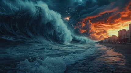 Natural disaster tsunami, flood, and storm converge, symbolizing the destructive forces of nature.