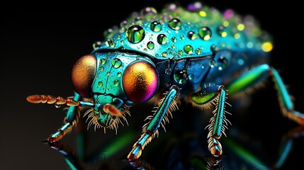 Vibrant close up macro photography of colorful beetle in natural wildlife habitat
