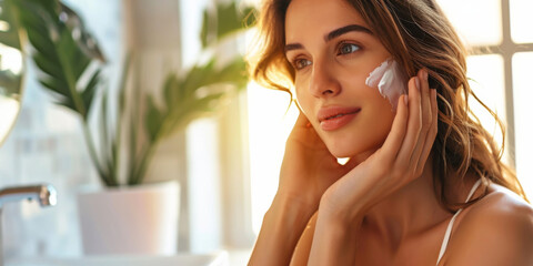 beautiful young woman applying moisturizer to her skin, generative AI