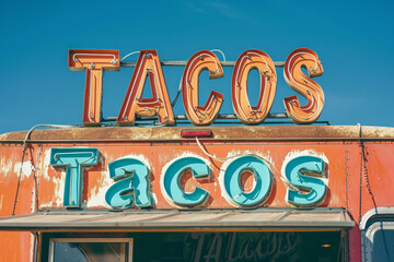 A mexican taco illuminated sign above a street food vendor truck.
