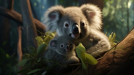 Tender Moments: Adorable Koala Embracing Its Cute Baby in a Heartwarming Display of Motherly Love - AI-Generative