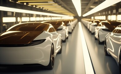 row of futuristic cars in a factory, with white and brown bodies