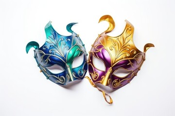 Carnival or mardi gras masks on white background, mock up template design. Flat lay, copy space for...