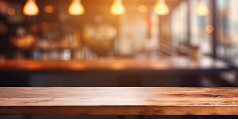 Blurred cafe counter with wood table-top for product display or design layout, with light bulb backdrop.