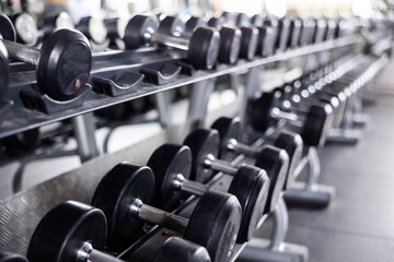 Rows of dumbbells for free weight training on rack in gym, closeup view with selective focus. Modern sports equipment for for beginners and professional athletes