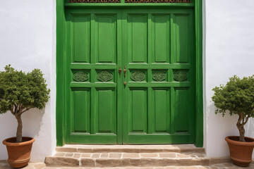A vibrant green door set within a clean white wall of a traditional building, with a pottery detail.