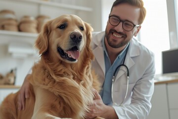 Portrait of a Young Veterinarian in Glasses Petting a Noble Healthy Golden Retriever Pet in a Modern Veterinary Clinic. Handsome Man Looking at Camera and Smiling Together with the Dog. Static Footage