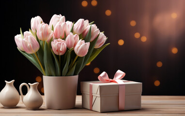 Bouquet of pink tulips and gift box with tape box on dark background with copy space..Background for Women’s day, mothers day, Valentines day, and birthday. Generative AI