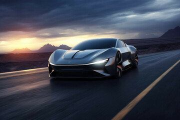 A futuristic car, with a sleek design and glowing headlights, driving on an empty highway - obrazy, fototapety, plakaty