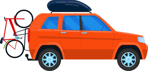 Orange SUV with bike rack and bicycle on white background. Car for adventure travel and outdoor activities vector illustration.