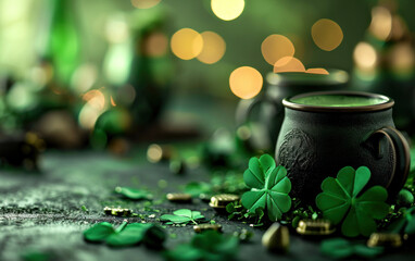 Celebrating Saint Patricks day in Ireland with a glass of green beer. St Patricks day background. Generative AI - obrazy, fototapety, plakaty