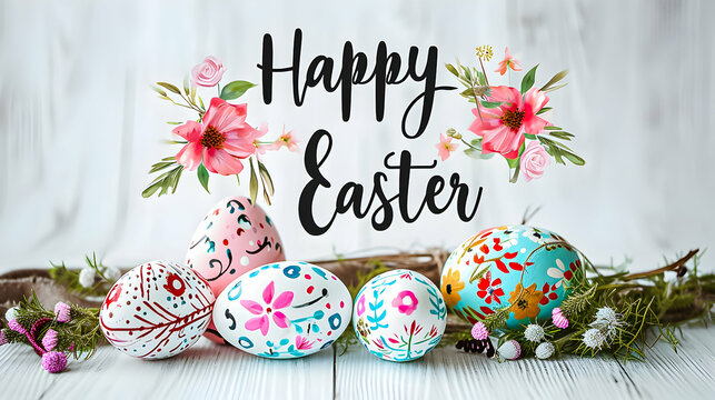 Colourful Easter eggs on white wooden background with spring flowers. Happy Easter banner.