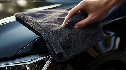 Professional car detailing service  man cleaning black car with microfiber cloth, close up