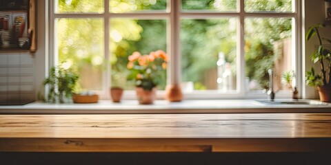 Out of focus kitchen area with wooden table in front of window. - obrazy, fototapety, plakaty