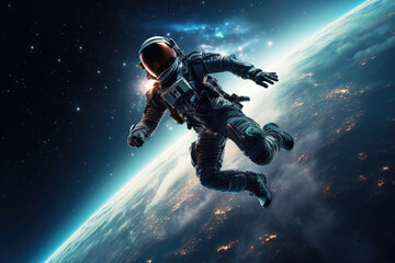 A person in a space suit flying through a starry night sky with a jet pack - obrazy, fototapety, plakaty