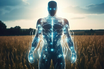 A person wearing a futuristic suit and standing in a field of grass, surrounded by a glowing energy field - obrazy, fototapety, plakaty