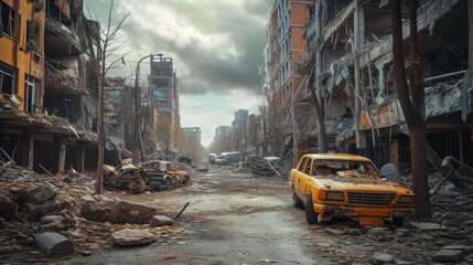 A realistic depiction of a devastated world, reflecting the consequences of a catastrophic event, a destroyed city after the war. - obrazy, fototapety, plakaty