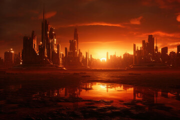 Naklejka premium A futuristic cityscape - a large, modern cityscape with towering skyscrapers and a bustling city life, illuminated in a warm, orange glow