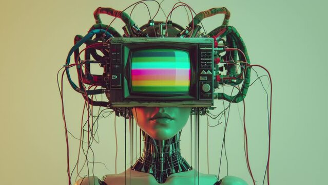Beautiful technology female robot cyborg with a television head 