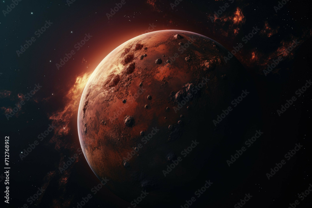 Wall mural a view of a planet's surface with a deep red hue and a few craters