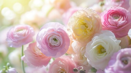 pastel-colored ranunculus flowers, creating a soft and romantic setting generative ai