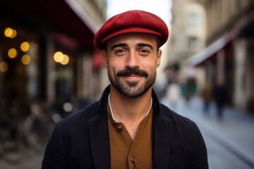 Portrait of a handsome bearded man in a cap on the street