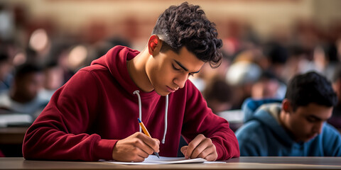 student taking an exam at the college with blurred background - obrazy, fototapety, plakaty