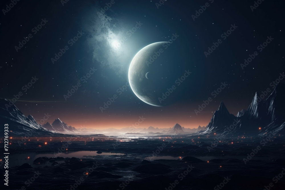Wall mural a shot of a distant planet, with its rings and moons illuminated by a distant star