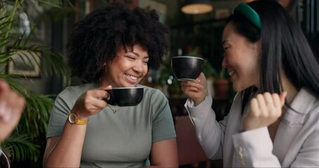 Happy people, friends and talking with coffee at cafe for social, free time or catch up break together. Group smile and enjoying conversation with beverage, drink or cup of tea at indoor restaurant - Powered by Adobe