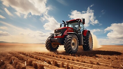 Obraz premium Agricultural tractor plowing field in rural countryside landscape during spring season