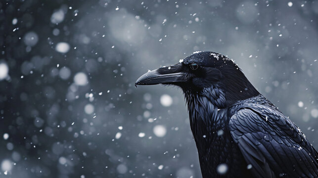 A crow in a snowstorm. Close-up shot of a Corvus corax, the common raven in the snow. Contrast between the all black passerine and the white snow.