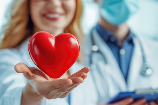 A doctor girl in a white coat holds a red heart in the palm of her hand