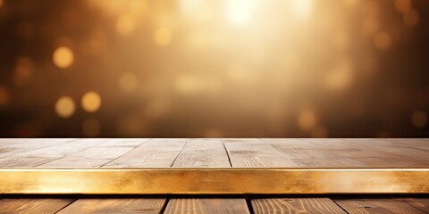 Shiny gold background with wooden table top for displaying or montaging products.