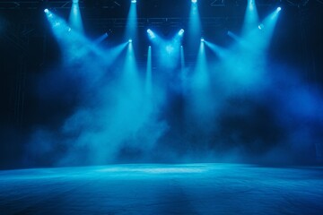 Mystical concert stage shrouded in blue fog with soft spotlight glow. Serene performance area. - obrazy, fototapety, plakaty