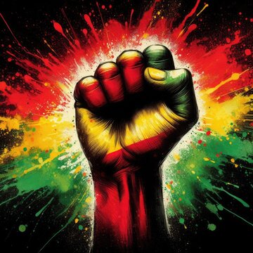 Fist punching through the air.  African themed colors.