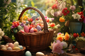 Obraz na płótnie Canvas A close-up of a basket full of Easter eggs and treats, surrounded by a lush and colorful garden