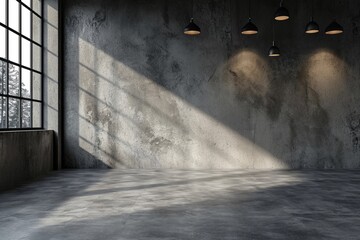 New gray concrete interior with podium and linear lamps on wall. 3D Rendering. - obrazy, fototapety, plakaty
