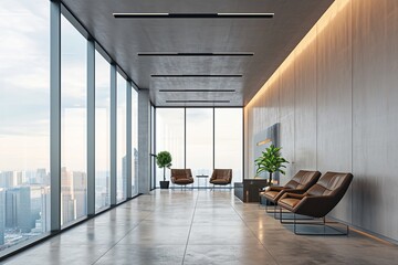 New meeting room interior with window and city view, waiting area. 3D Rendering.