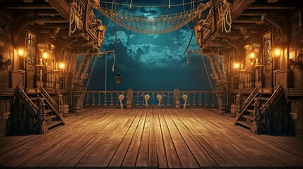 empty pirate ship deck background for theater stage scene - obrazy, fototapety, plakaty