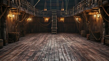 Naklejka premium empty pirate ship deck background for theater stage scene