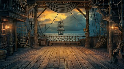 Naklejka premium empty pirate ship deck background for theater stage scene
