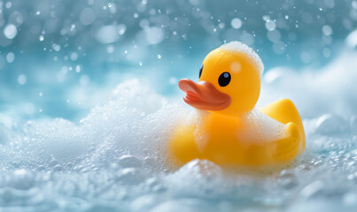 un canard en plastique jaune flotte dans une baignoire remplie de mousse - obrazy, fototapety, plakaty