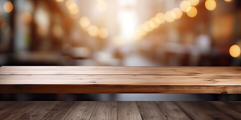Wooden table on blurred cafe interior background. Suitable for product montage. Mock-Up.
