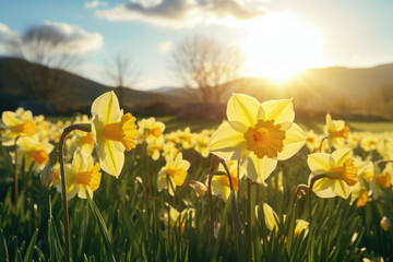 A wide angle shot of a field of yellow daffodils swaying in the wind, the sun shining through the petals creating a beautiful contrast between the yellow and the green grass