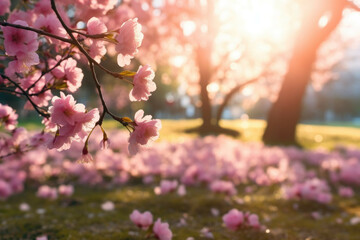 A wide angle shot of a field of pink cherry blossoms swaying in the wind, the sun shining through the petals creating a beautiful contrast between the pink and the green grass